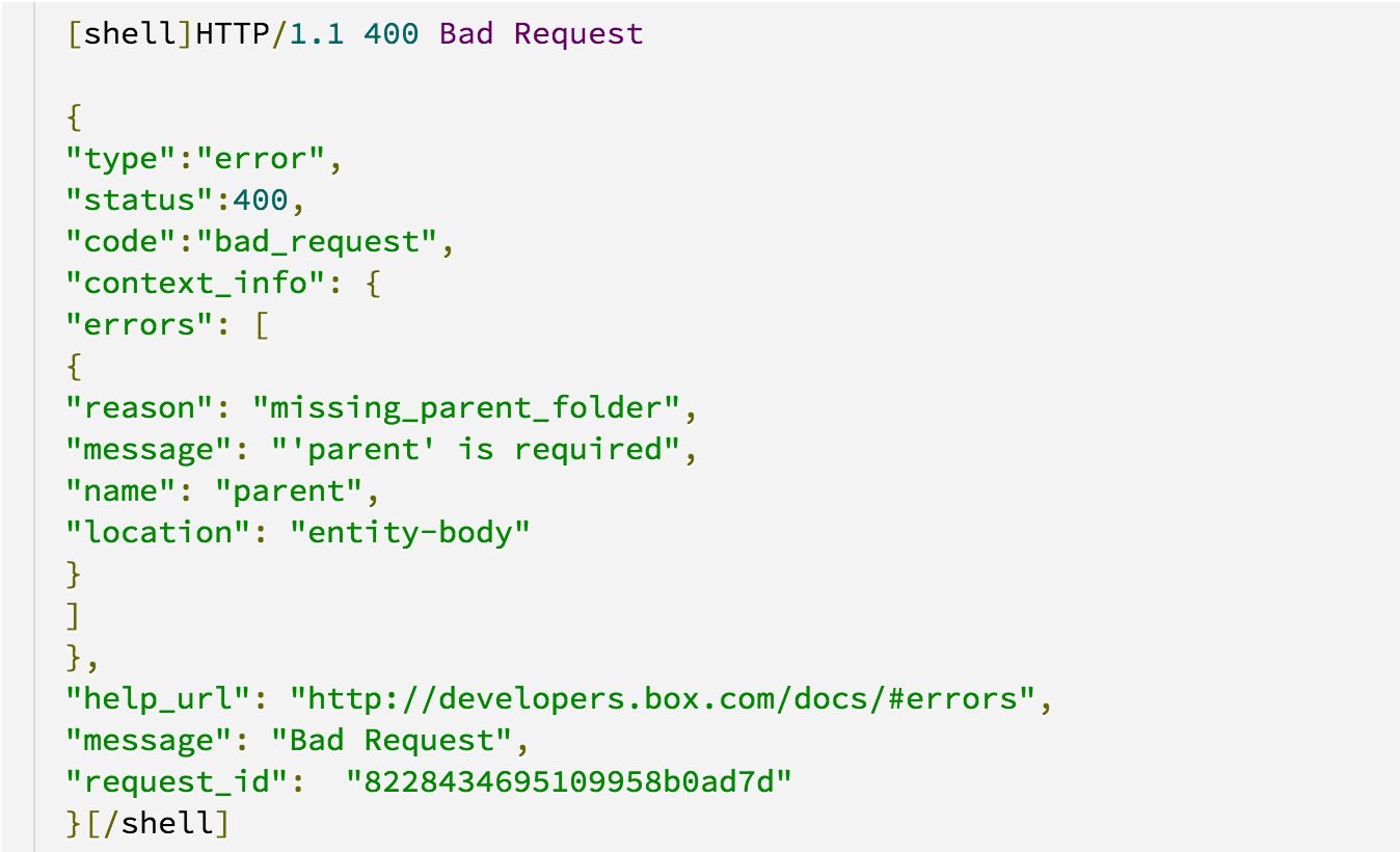 Screenshot of an error code from Box's API documentation