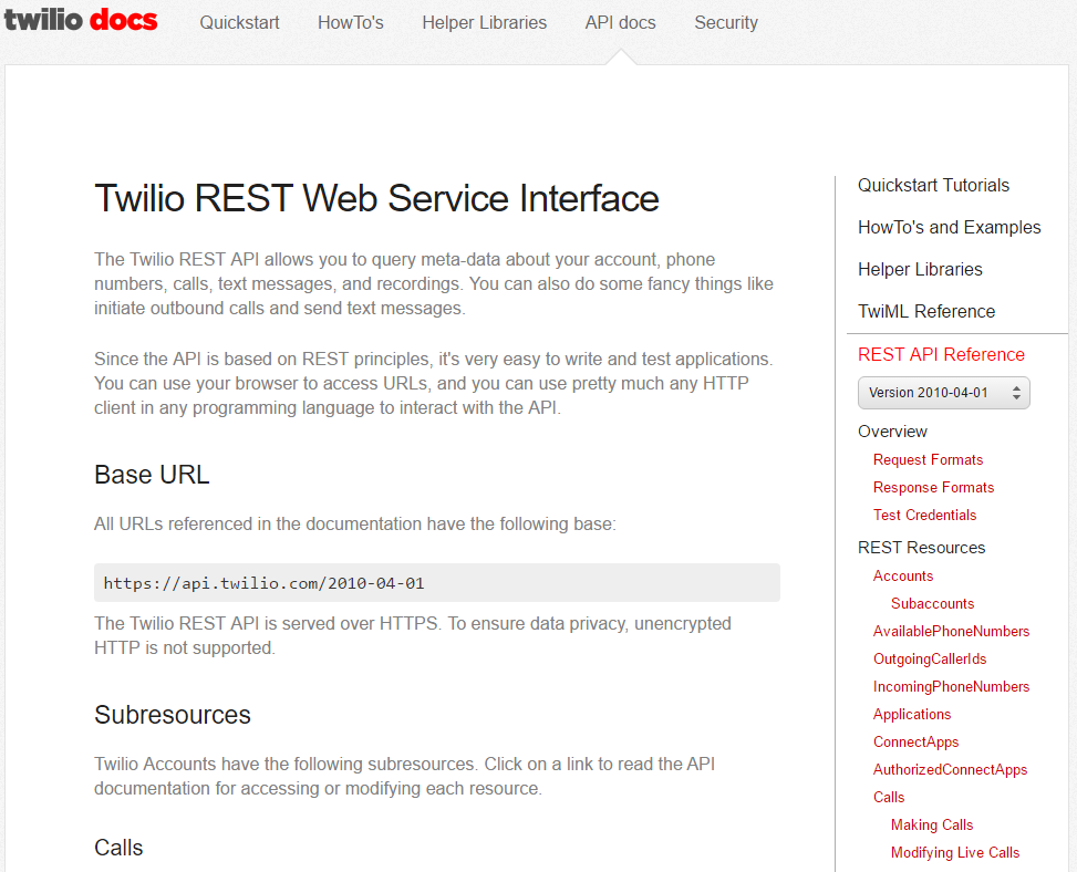 Twilio's initial API documentation