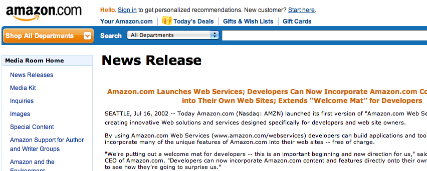 Screenshot of 2002 press release announcing Amazon's web services