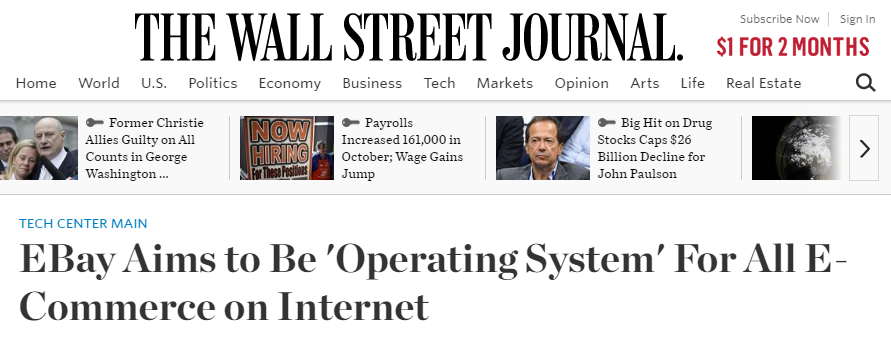 Screenshot of Wall Street Journey headline announcing eBay's goal to be the operating system for all e-commerce on the internet