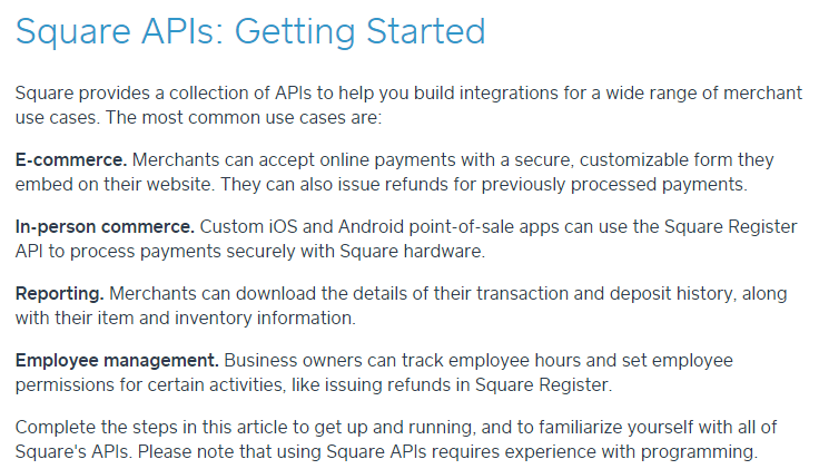 Screenshot of Square's API documentation with different use cases highlighted