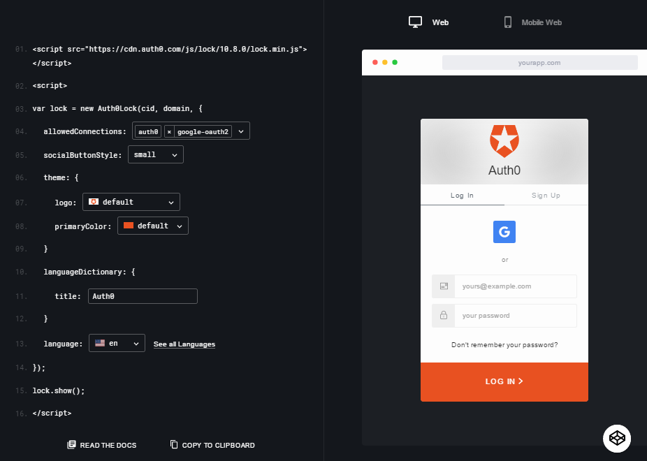 Auth0's homepage with sandbox functionality