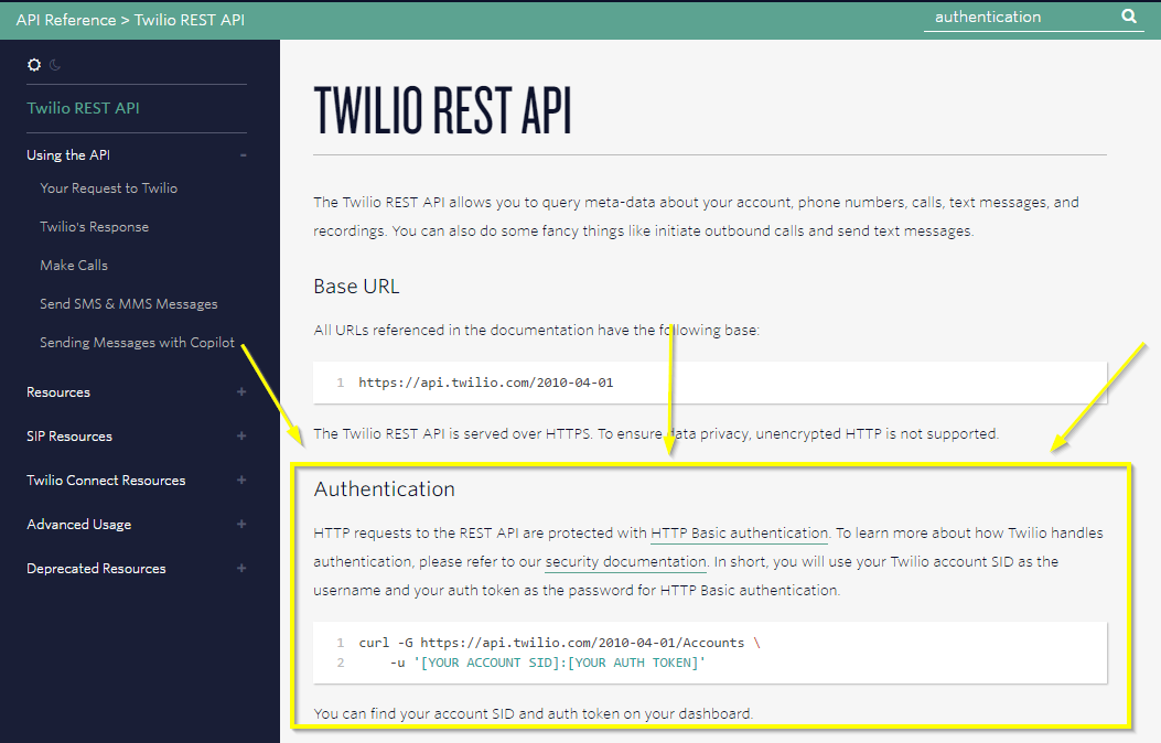 Twilio documentation page with authentication section highlighted