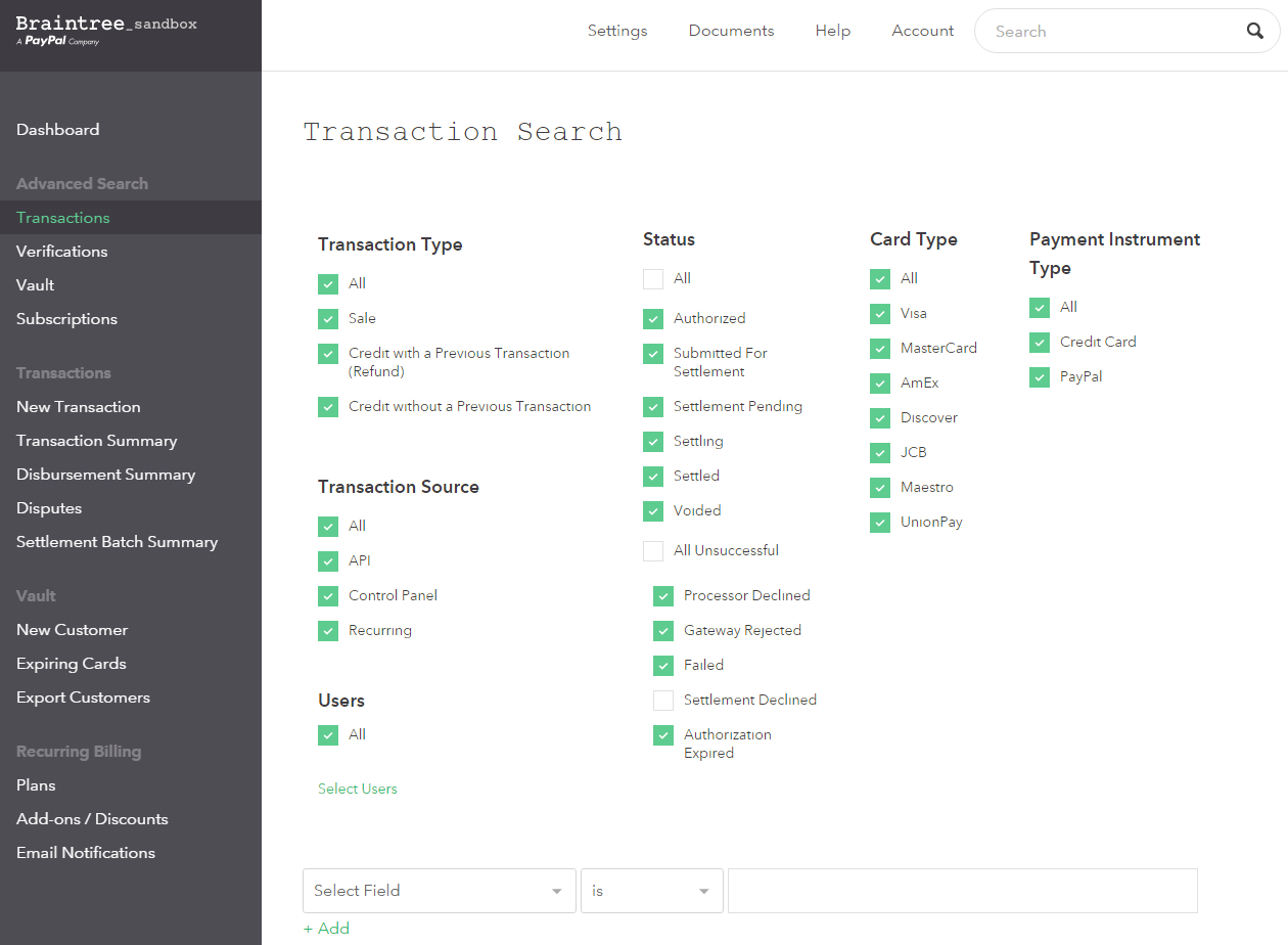 Braintree documentation with sandbox highlighted