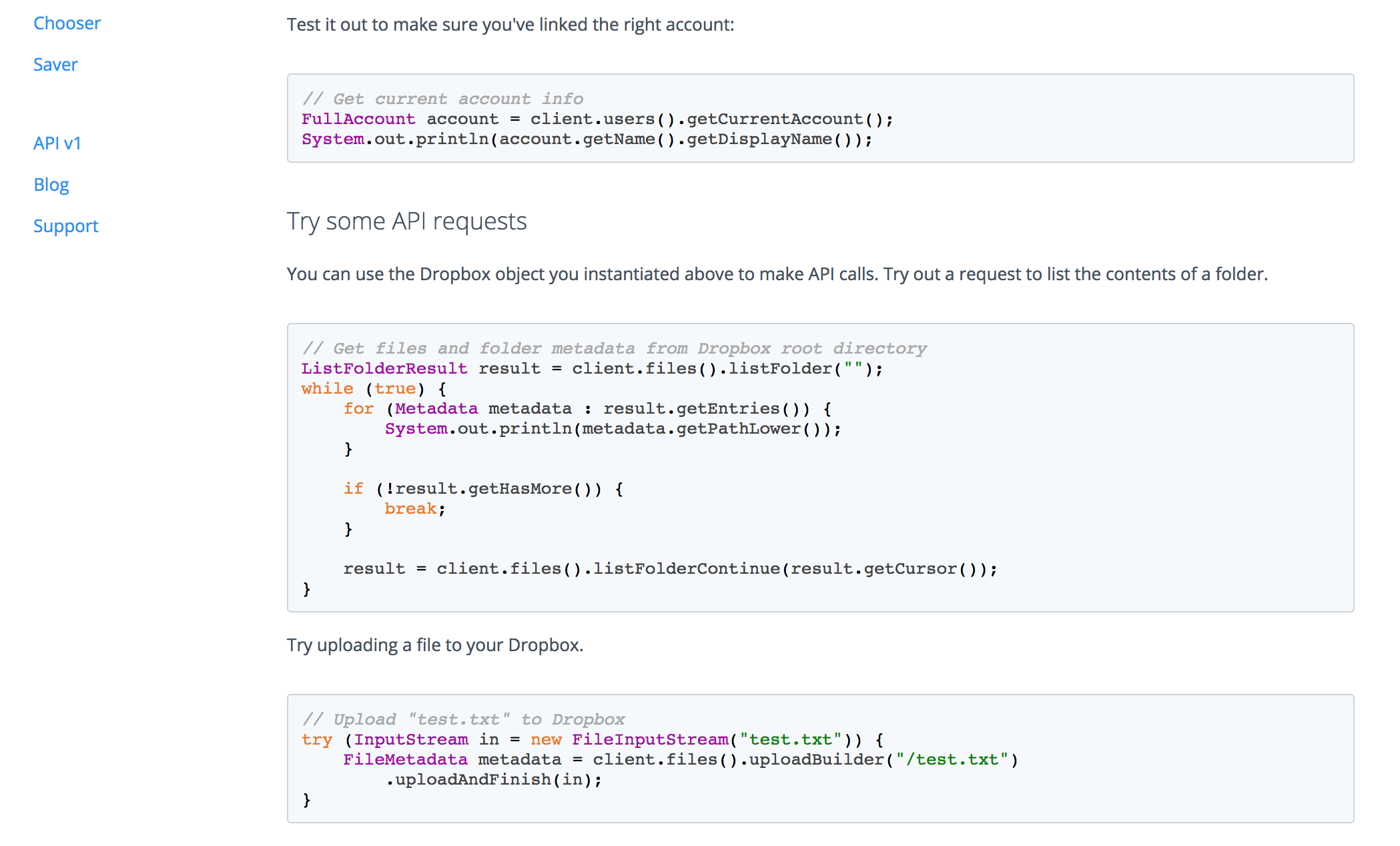 Example API requests from Dropbox's API documentation