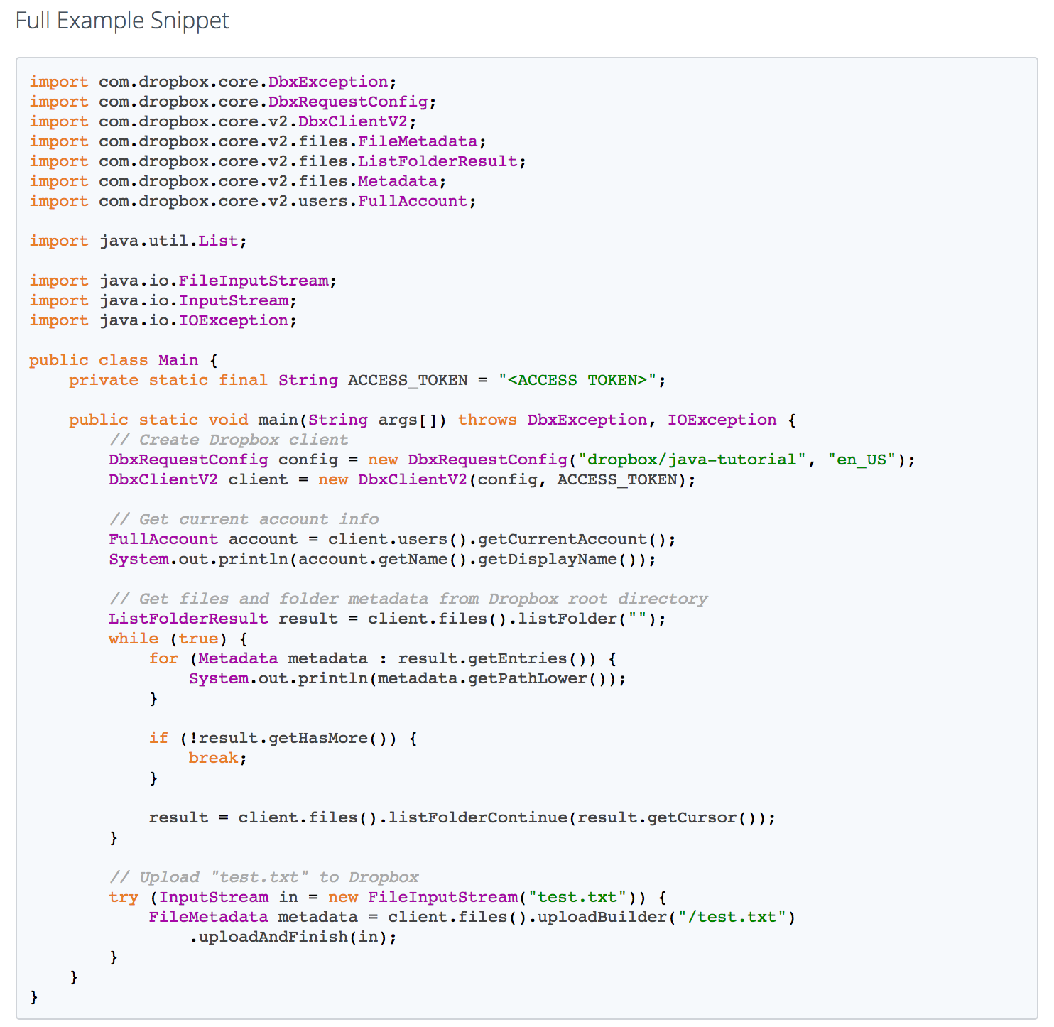 Full example snippet of code from Dropbox's API documentation