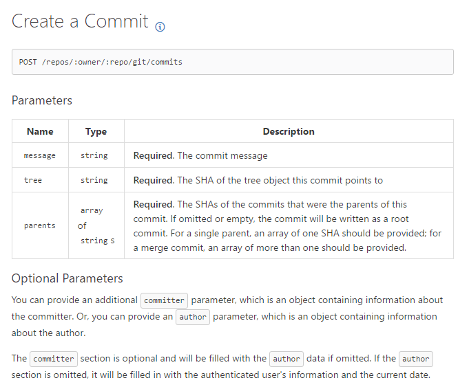 GitHub documentation page with parameters listed