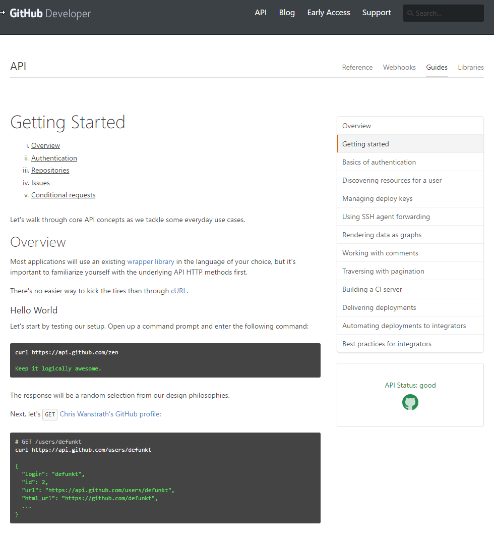 Screenshot of Github's getting started section of their documentation