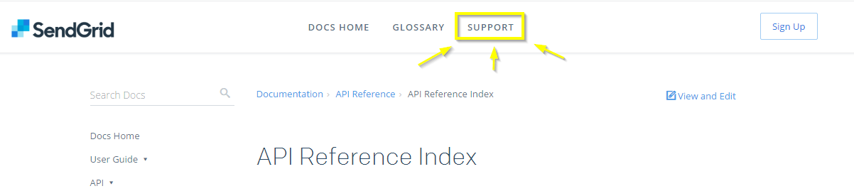 SendGrid API documentation with support button highlighted