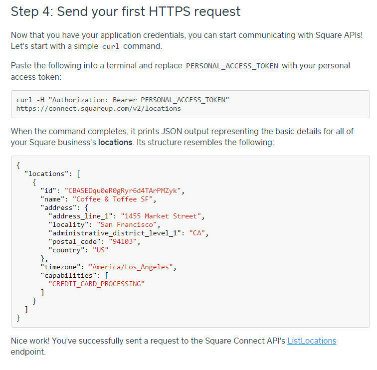 Detail screenshot of Square's API documentation with curl command for sending your first HTTPS request