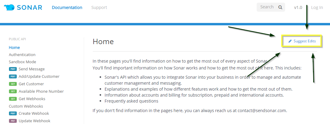 Sonar's API documentation with Suggest Edits button highlighted