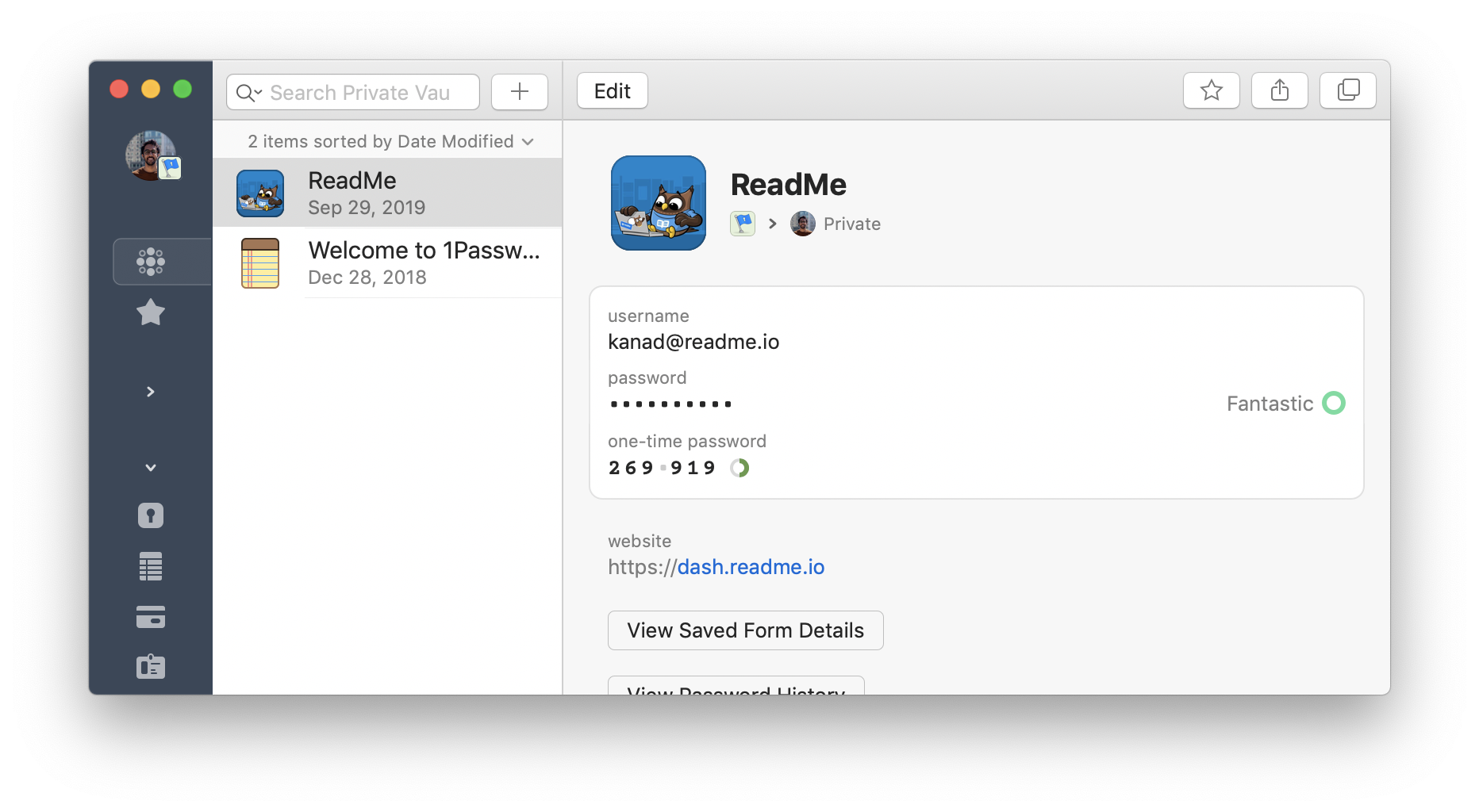 1Password app showing the ReadMe login entry, after 2FA has been properly enabled.