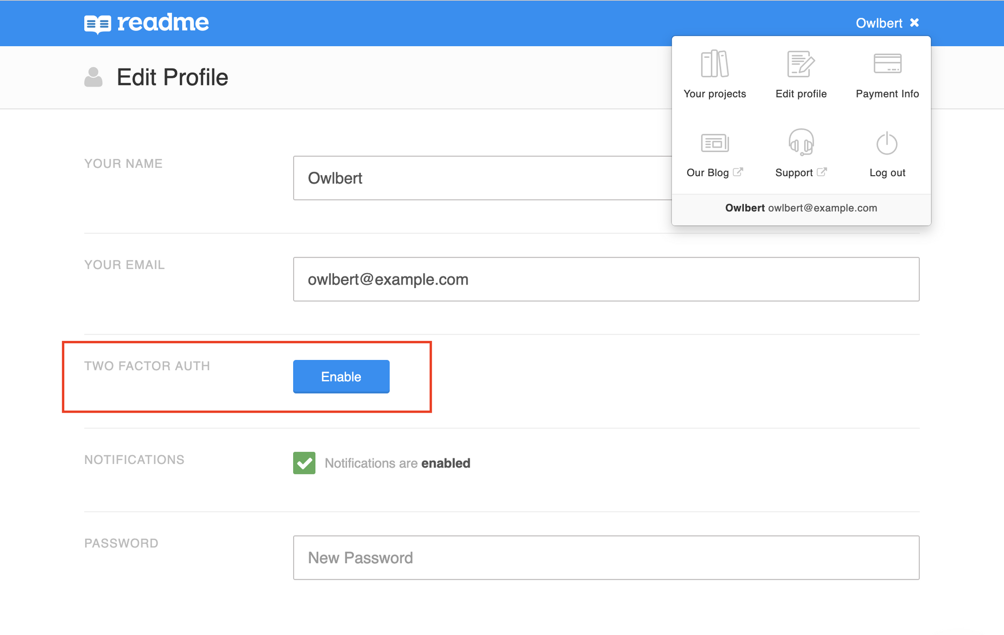 Edit Profile page on ReadMe, with a red box around the Enable Two Factor button