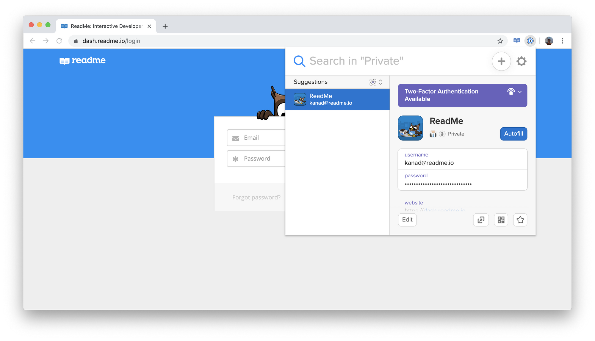ReadMe login page, with 1Password extension indicating that 2FA is available