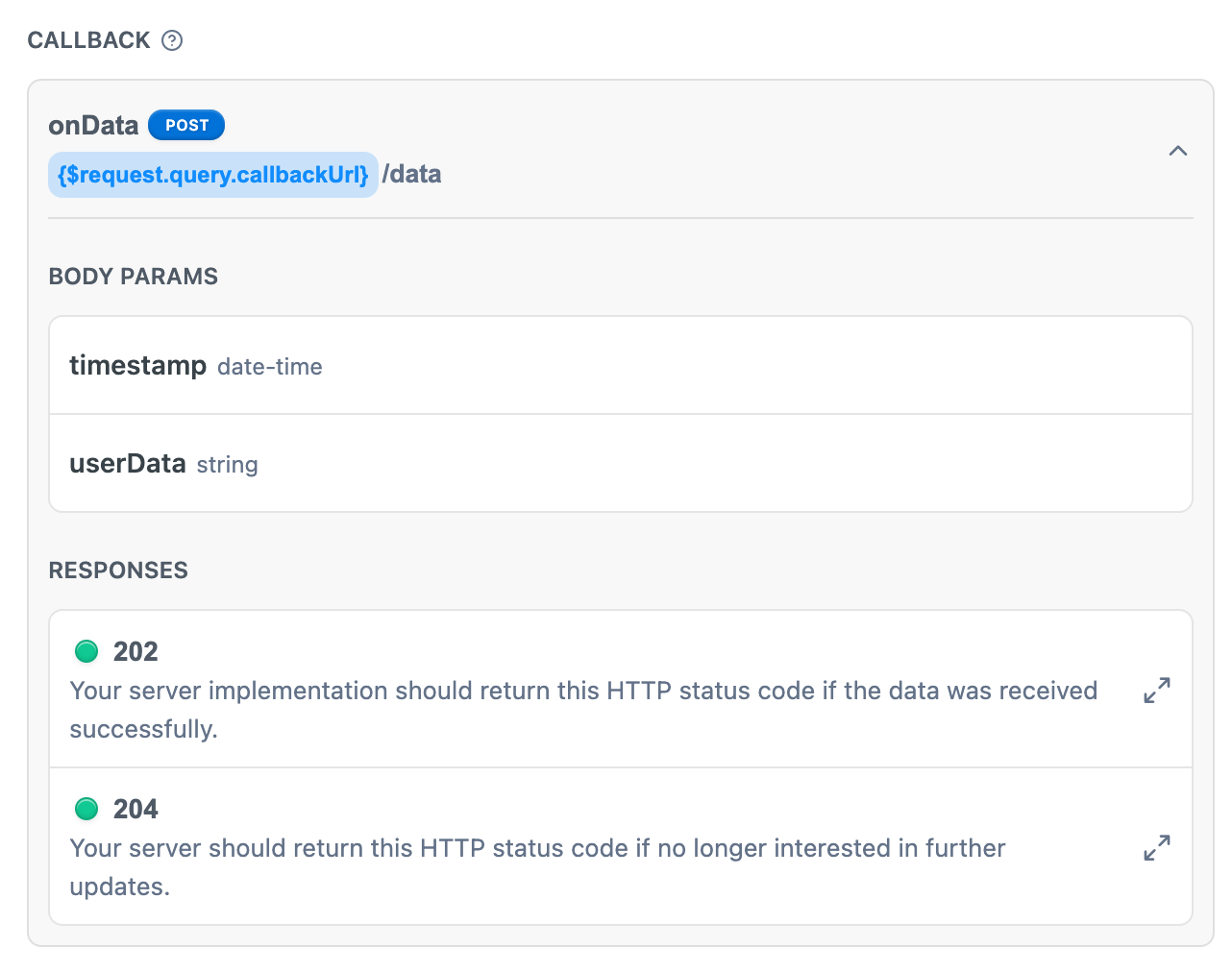 The callback section of an endpoint, rendered via the ReadMe API Reference. It contains info such as the corresponding parameter, body params, and response examples.