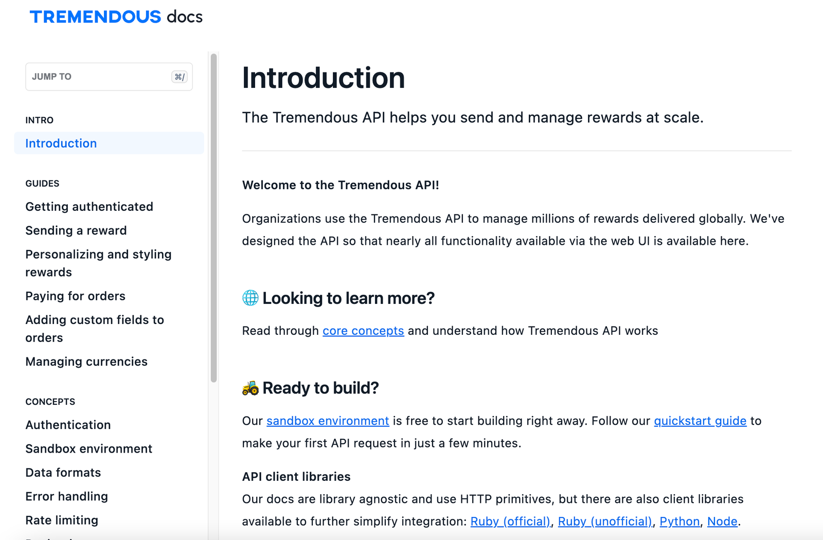 Screenshot of Tremendous's API docs introduction page